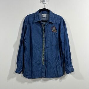 VTG Sara Studio 90s Denim Embroidered Button Down Shirt Womens Large Cottagecore